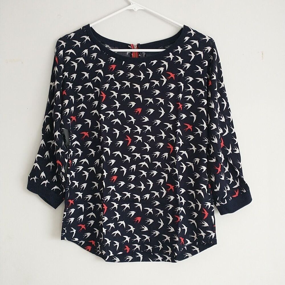 Anthropologie Maeve Shirt Top Blouse Women 2 Blue Bird All Over Print 3/4 Sleeve
